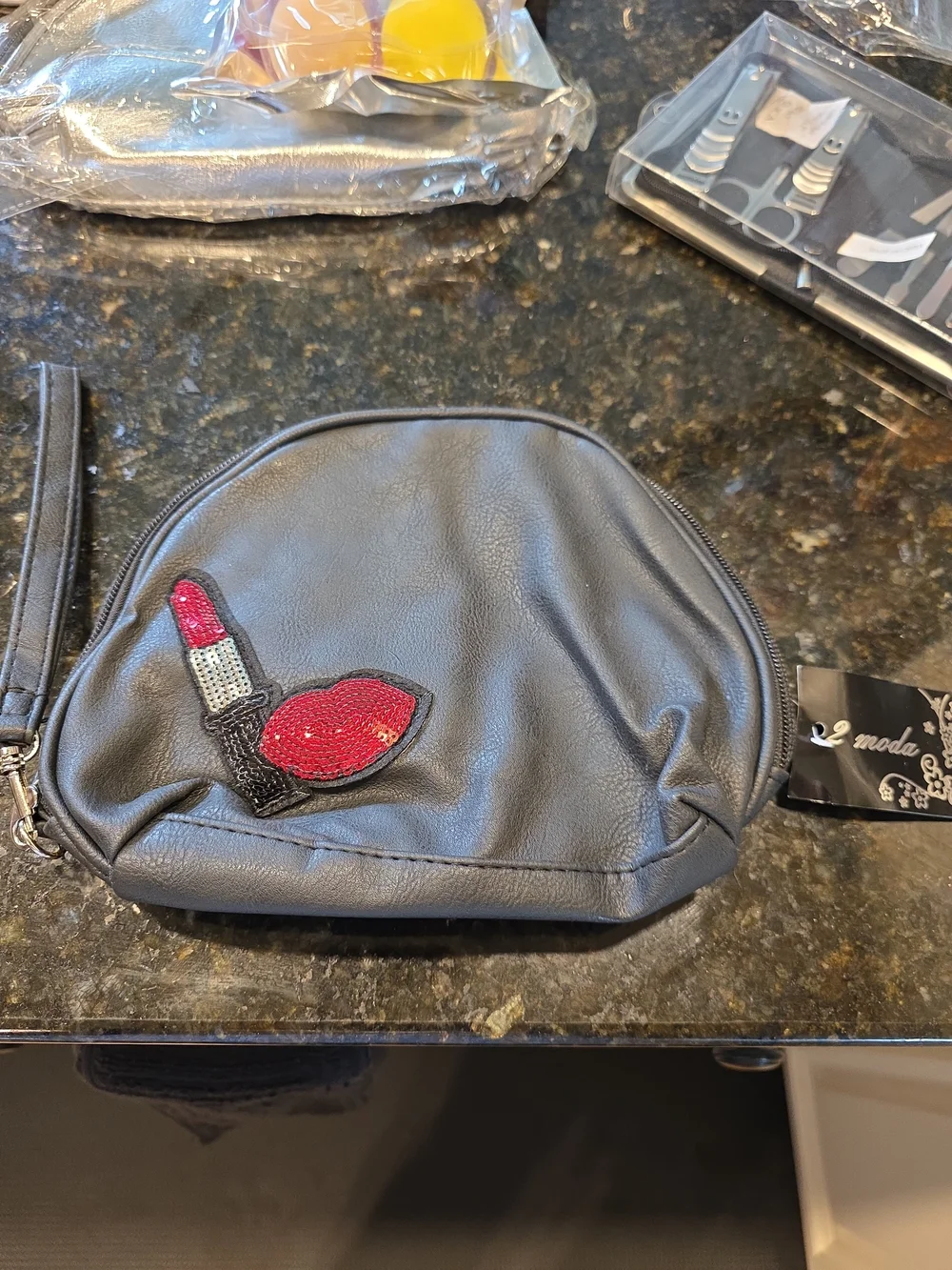 Black Women's Cosmetic Wristlet with Red Lipstick Patch, Makeup Bundle